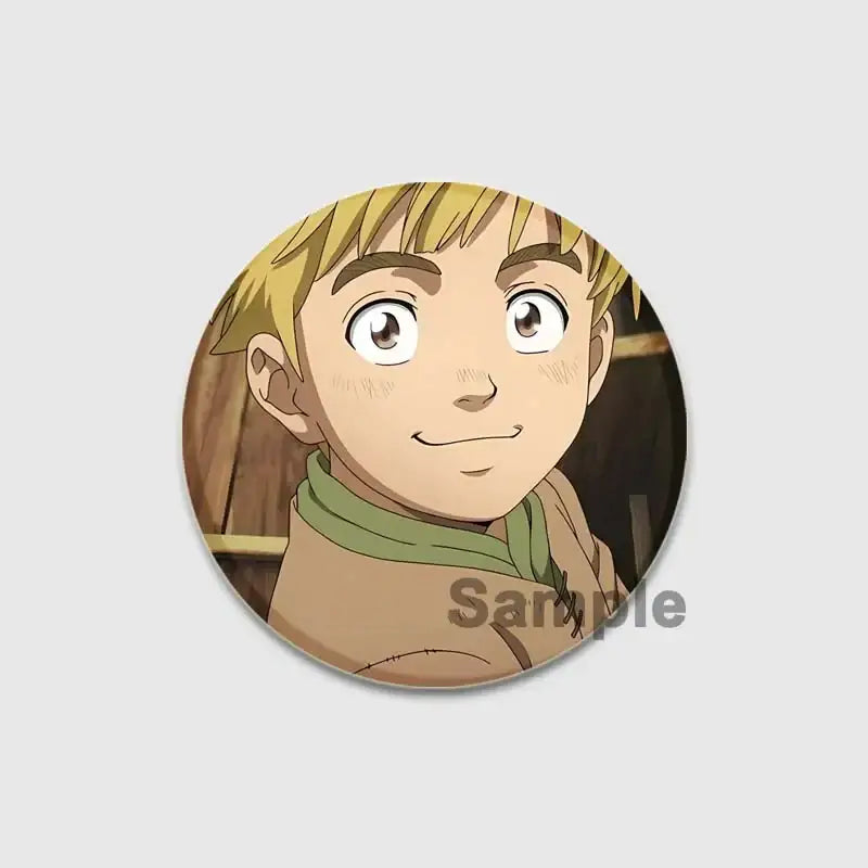 Circular vinland saga thorfinn enamel pin featuring detailed blonde anime character with green scarf handmade 58 32mm