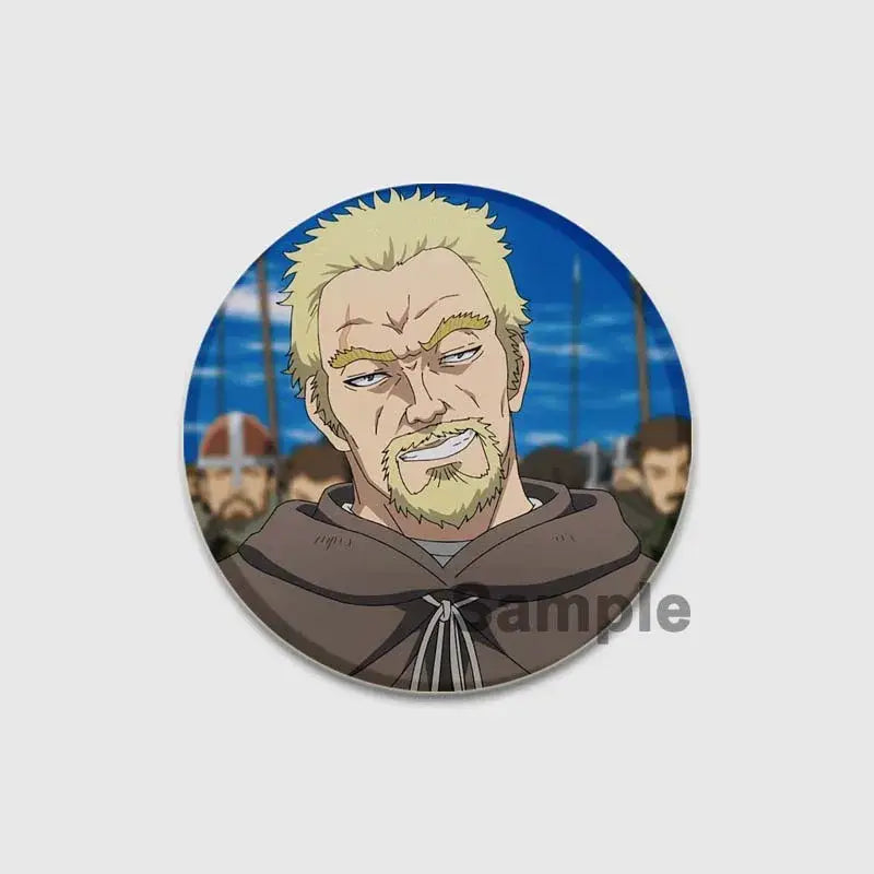 Circular vinland saga thorfinn enamel pin featuring blonde anime character in brown hooded robe against blue sky