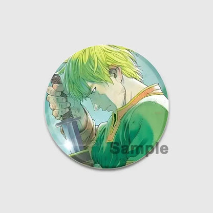 Circular vinland saga thorfinn enamel pin featuring anime character with vibrant green hair and sword 58mm handmade