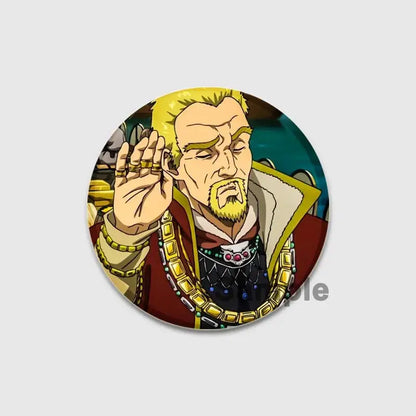 Circular vinland saga thorfinn enamel pin featuring a blonde beard character in ornate red and gold attire with gemstones