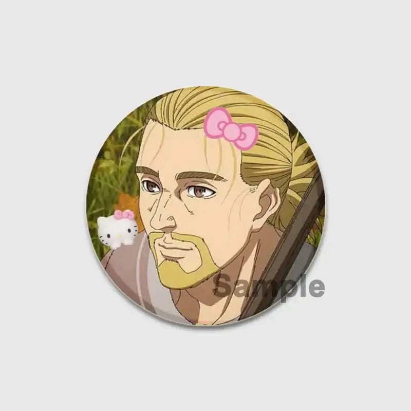 Circular vinland saga thorfinn enamel pin featuring a blonde anime character with pink bow and hello kitty figure, 58mm handmade