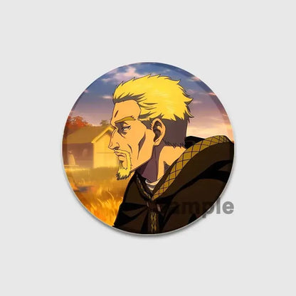 Circular vinland saga thorfinn enamel pin featuring spiky blonde hair anime character against sunset backdrop