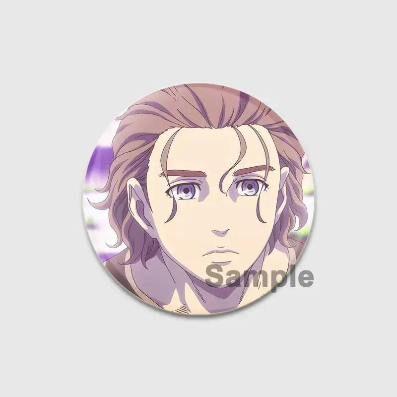Circular vinland saga thorfinn enamel pin featuring an anime character with long brown hair and purple eyes handmade 58mm