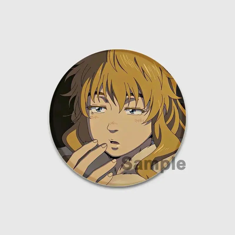 Circular vinland saga thorfinn enamel pin featuring detailed illustration of golden-brown hair and blue eyes