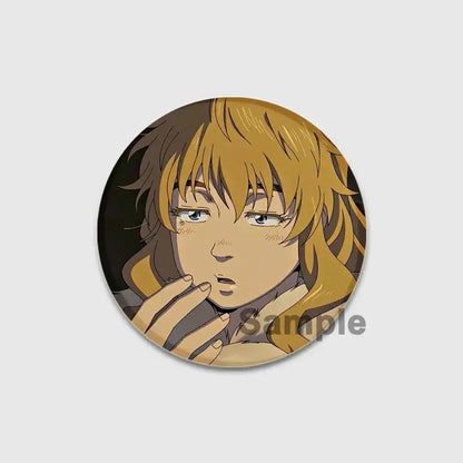 Circular vinland saga thorfinn enamel pin featuring detailed illustration of golden-brown hair and blue eyes