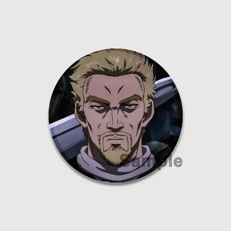 Circular vinland saga thorfinn enamel pin with detailed black and white line art of spiky blonde anime character