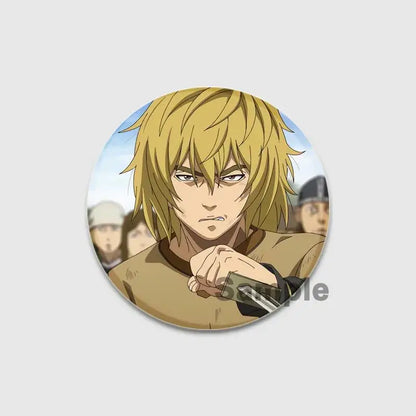 Circular vinland saga thorfinn enamel pin featuring spiky blonde hair character in brown tunic handmade 58mm