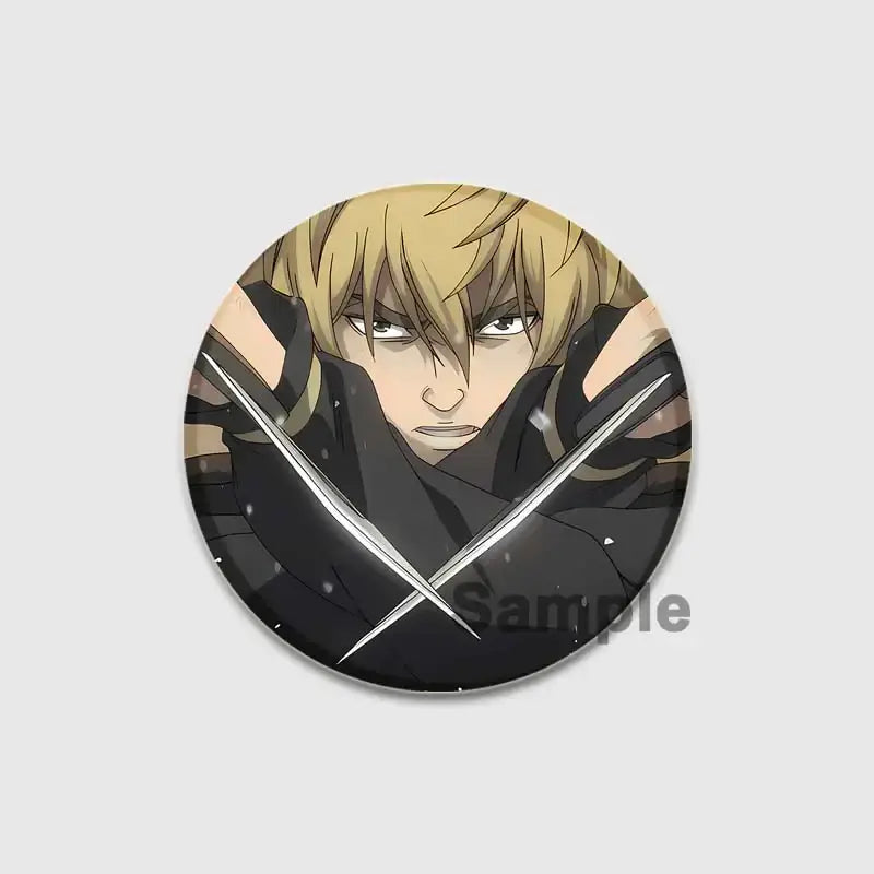 Circular black and gold vinland saga thorfinn enamel pin featuring a blonde-haired figure with crossed swords handmade