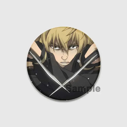 Circular black and gold vinland saga thorfinn enamel pin featuring a blonde-haired figure with crossed swords handmade