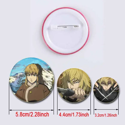 Pink-rimmed circular pinback buttons featuring vinland saga thorfinn anime designs in 58 and 32mm sizes handmade enamel pins