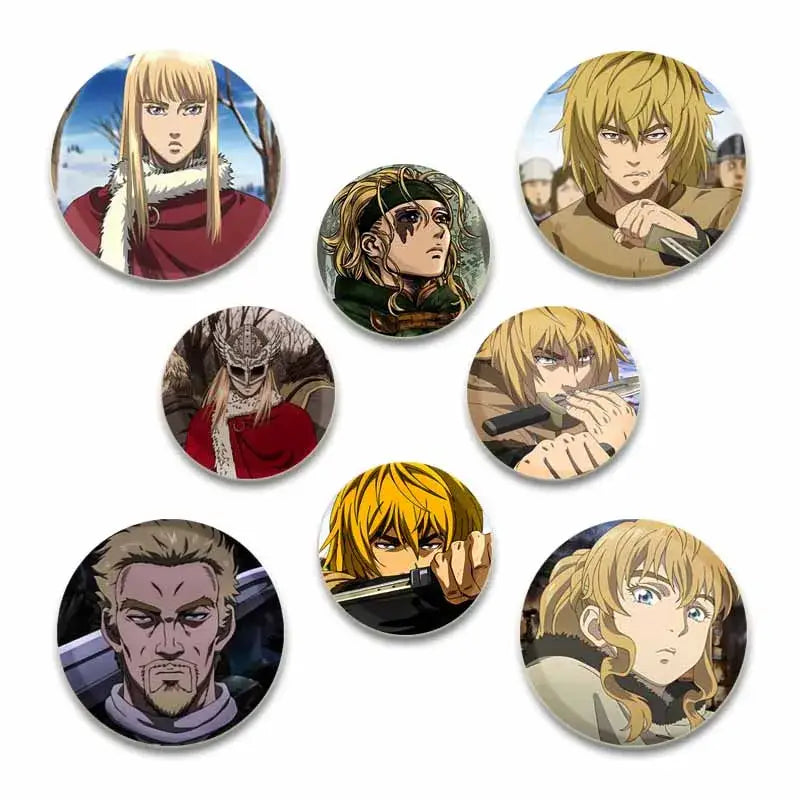 Set of seven handmade vinland saga thorfinn enamel pins featuring detailed circular anime character illustrations