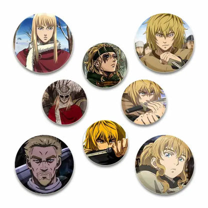 Set of seven handmade vinland saga thorfinn enamel pins featuring detailed circular anime character illustrations