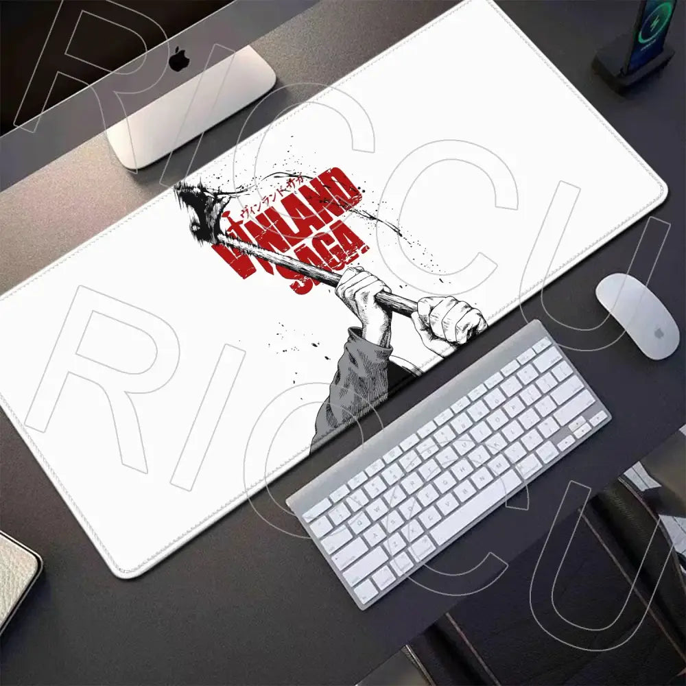 White rectangular gaming mousepad with black and red vinland saga thorfinn hand gripping axe graphic and saga thorfinn text