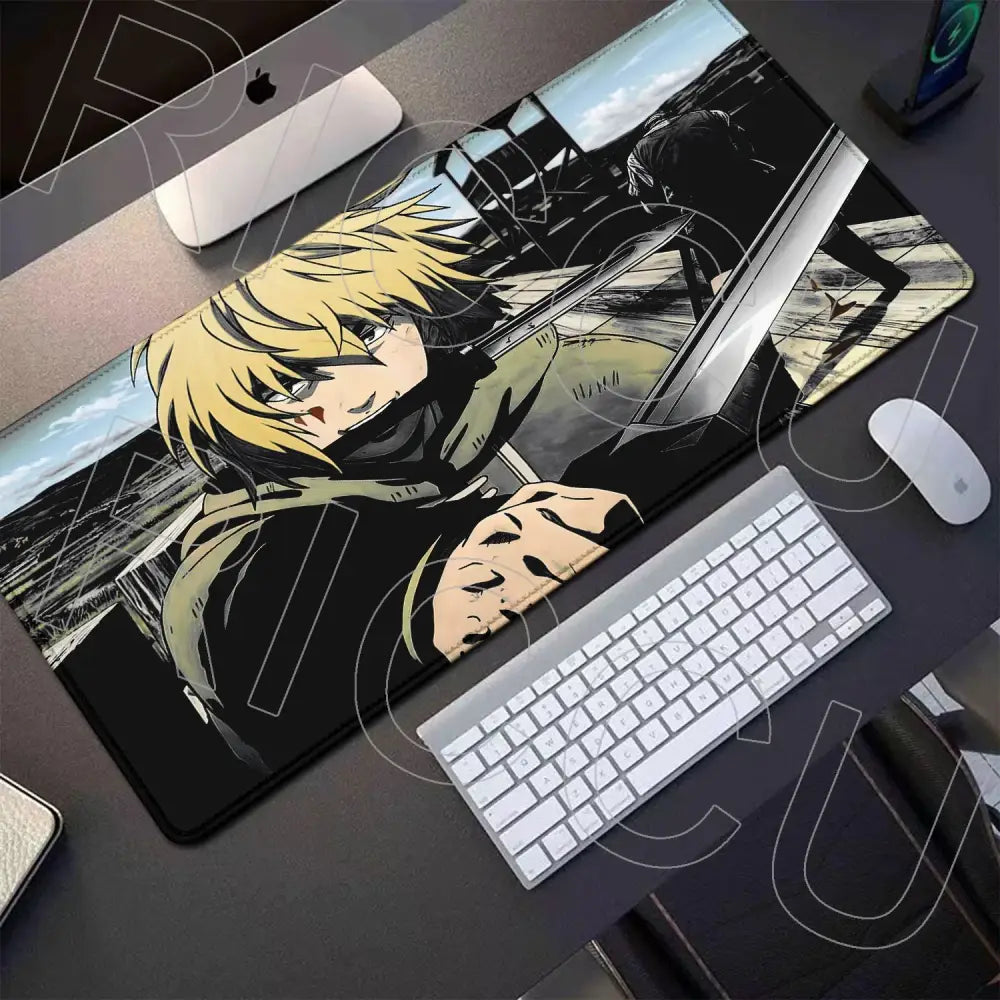 Black and gray vinyl mousepad featuring vinland saga thorfinn in tactical gear holding a sword, 800x400mm size