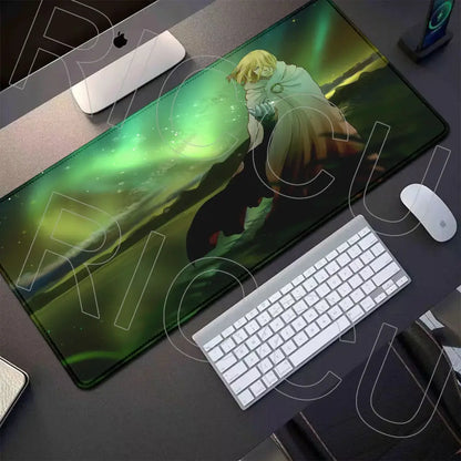 Vinland saga thorfinn gaming mouse pad with green and black anime design featuring blonde character and aurora borealis background