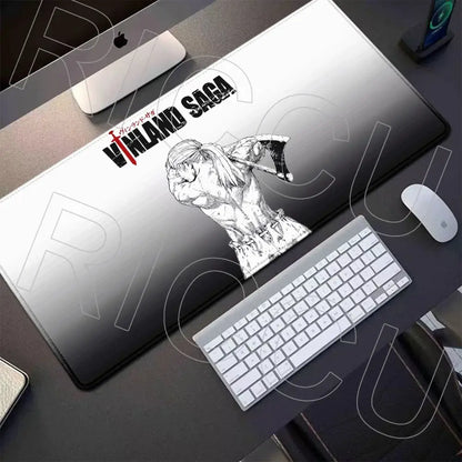 Black and silver gradient vinland saga thorfinn gaming mouse pad with detailed black and white axe illustration