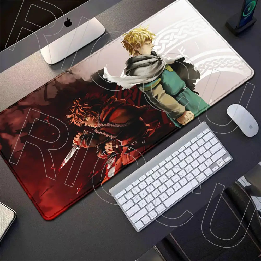 Long rectangular vinland saga thorfinn gaming mouse pad with anime illustration of two characters in red and green
