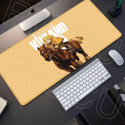 Yellow vinland saga thorfinn gaming mouse pad featuring anime character riding horse with vanland text 800x400mm