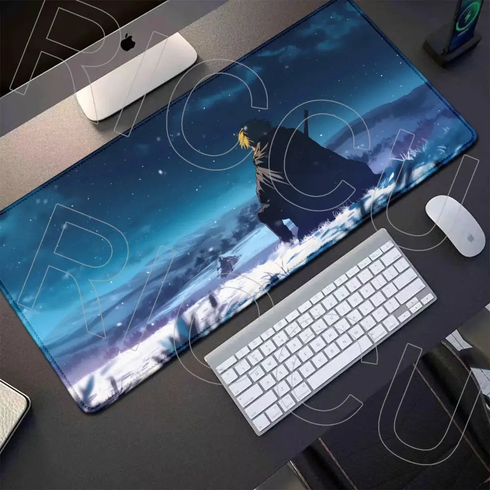 Blue and black vinland saga thorfinn gaming mousepad featuring blonde character on starry night sky 800x400mm
