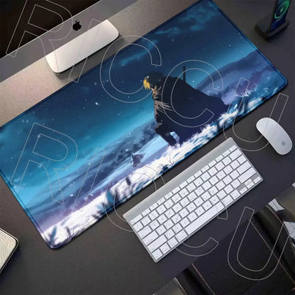 Blue and black vinland saga thorfinn gaming mousepad featuring blonde character on starry night sky 800x400mm