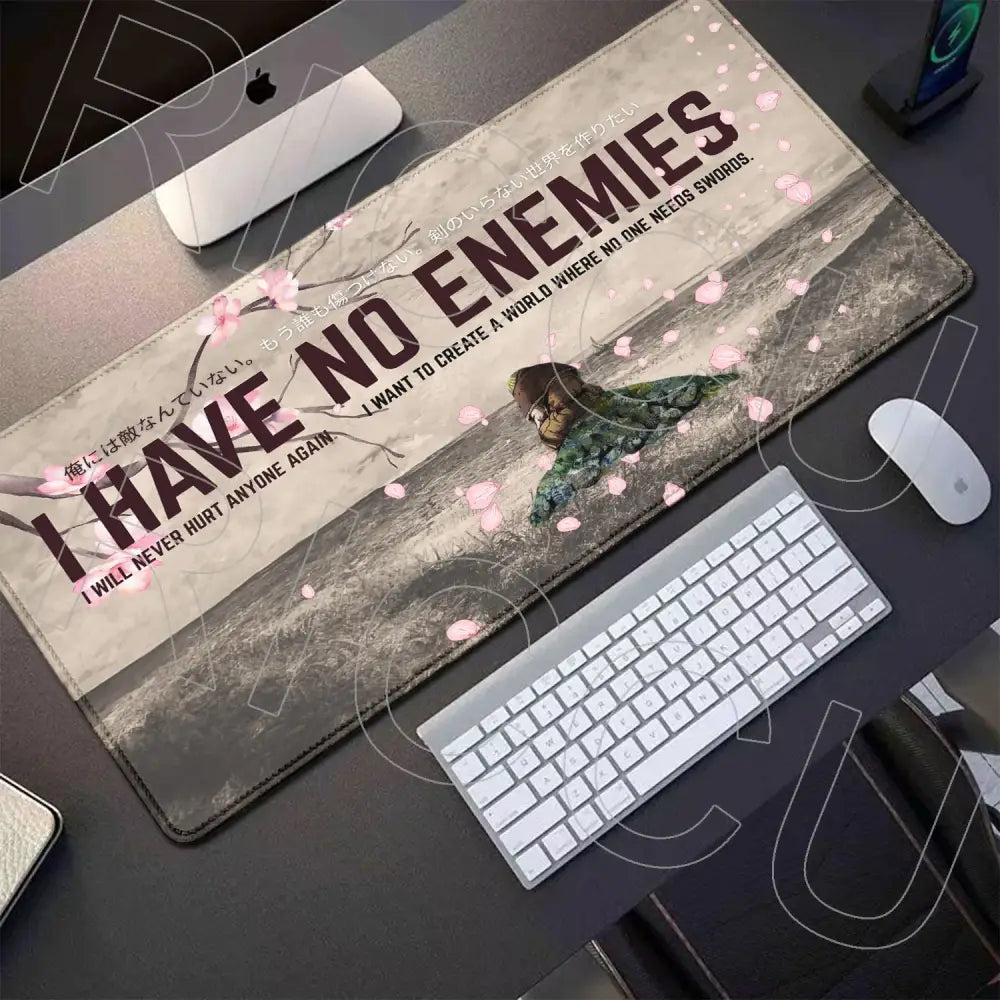 Vinland saga thorfinn gaming mouse pad beige and gray with bold text i have no enemies and pink cherry blossom accents