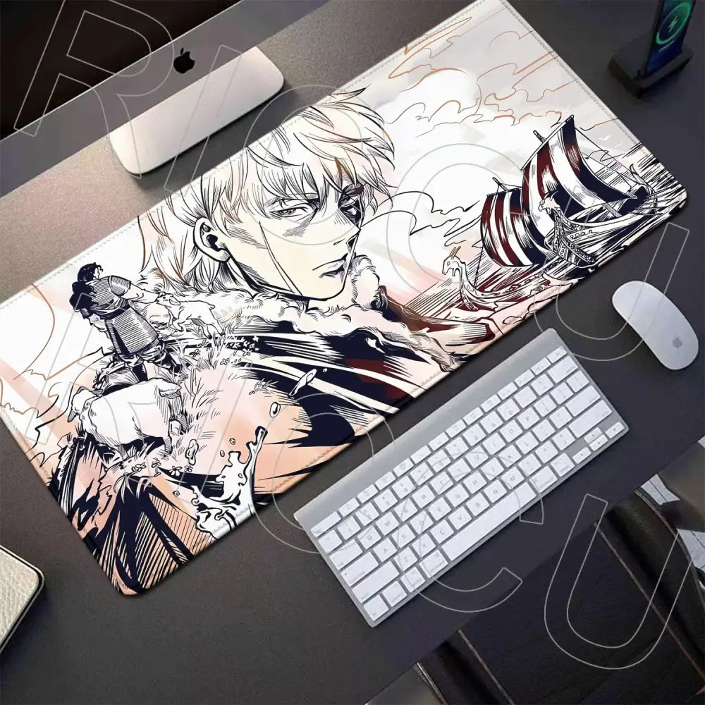 Vinland saga thorfinn gaming mouse pad 800x400mm black and white anime design with flowing hair and ship illustration