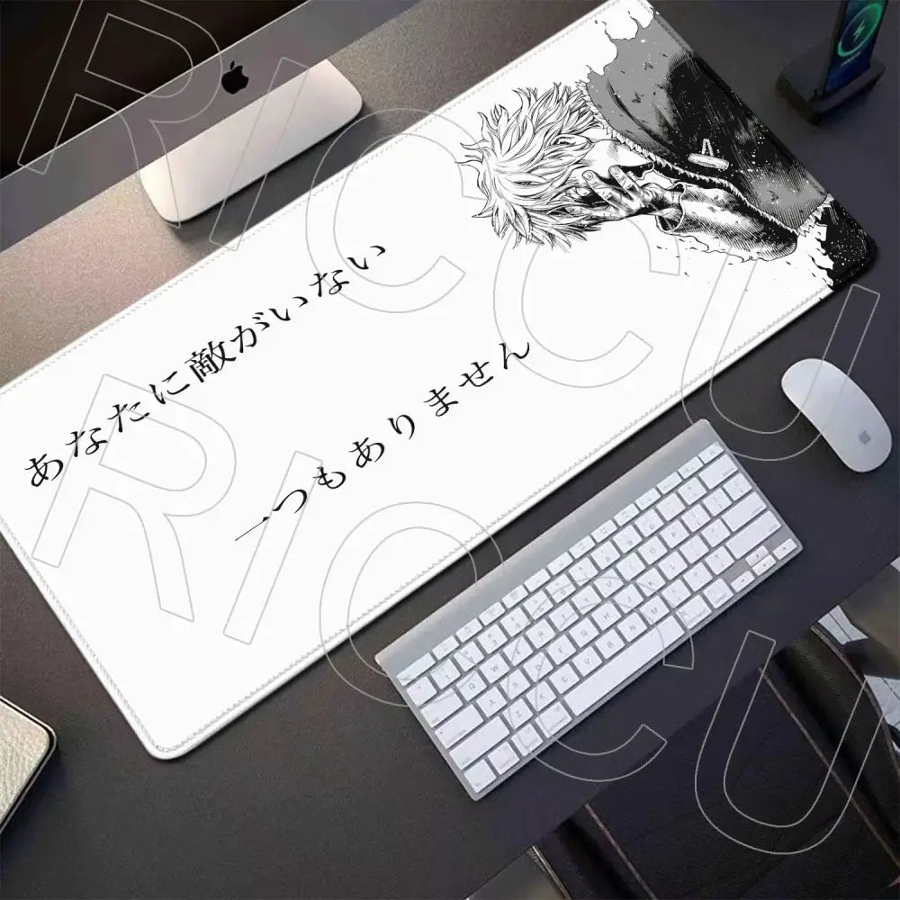 White rectangular gaming mousepad featuring black-and-white vinland saga thorfinn anime illustration with japanese text