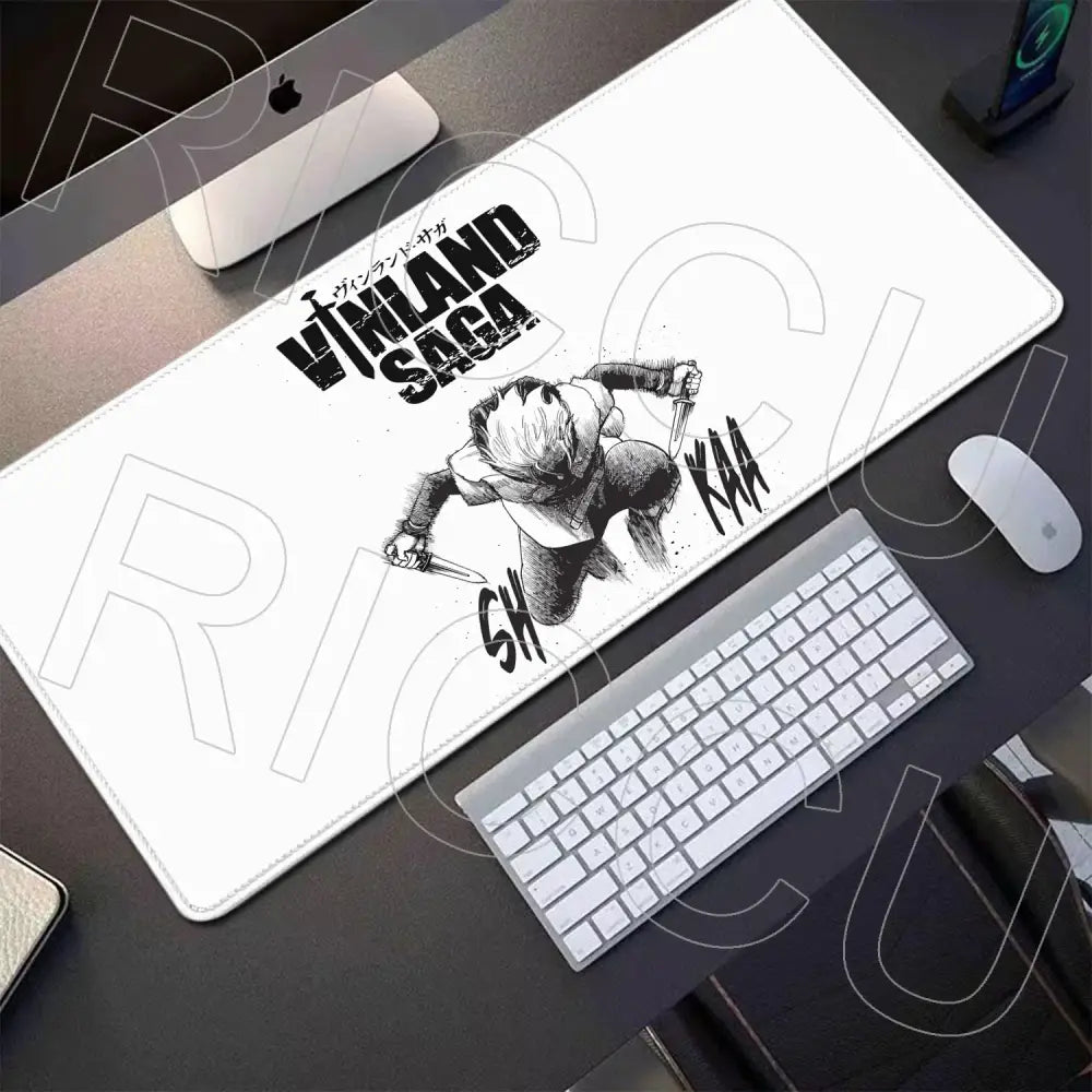 White vinland saga thorfinn gaming mouse pad with black ink-style einar illustration and dynamic motion lines 800x400mm