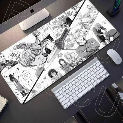 Vinland saga thorfinn gaming mouse pad black and white anime comic panels attack on titan design on desk next to keyboard