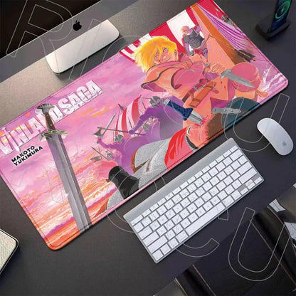Vinland saga thorfinn gaming mouse pad with vibrant pink and orange anime battle scene on smooth surface 800x400mm