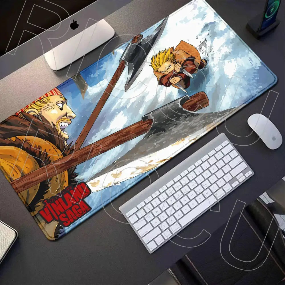 Vinland saga thorfinn gaming mouse pad vibrant rectangular anime design with dynamic battle scenes and bold red lettering