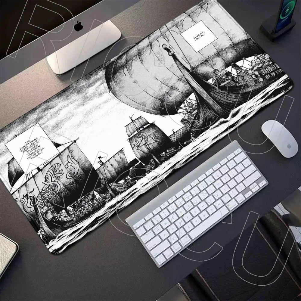 Vinland saga thorfinn gaming mouse pad with black and white detailed viking ship line art 800x400mm