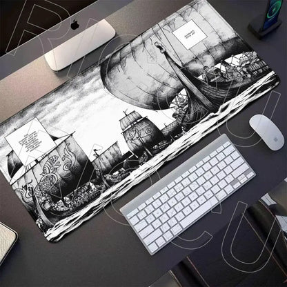 Vinland saga thorfinn gaming mouse pad with black and white detailed viking ship line art 800x400mm