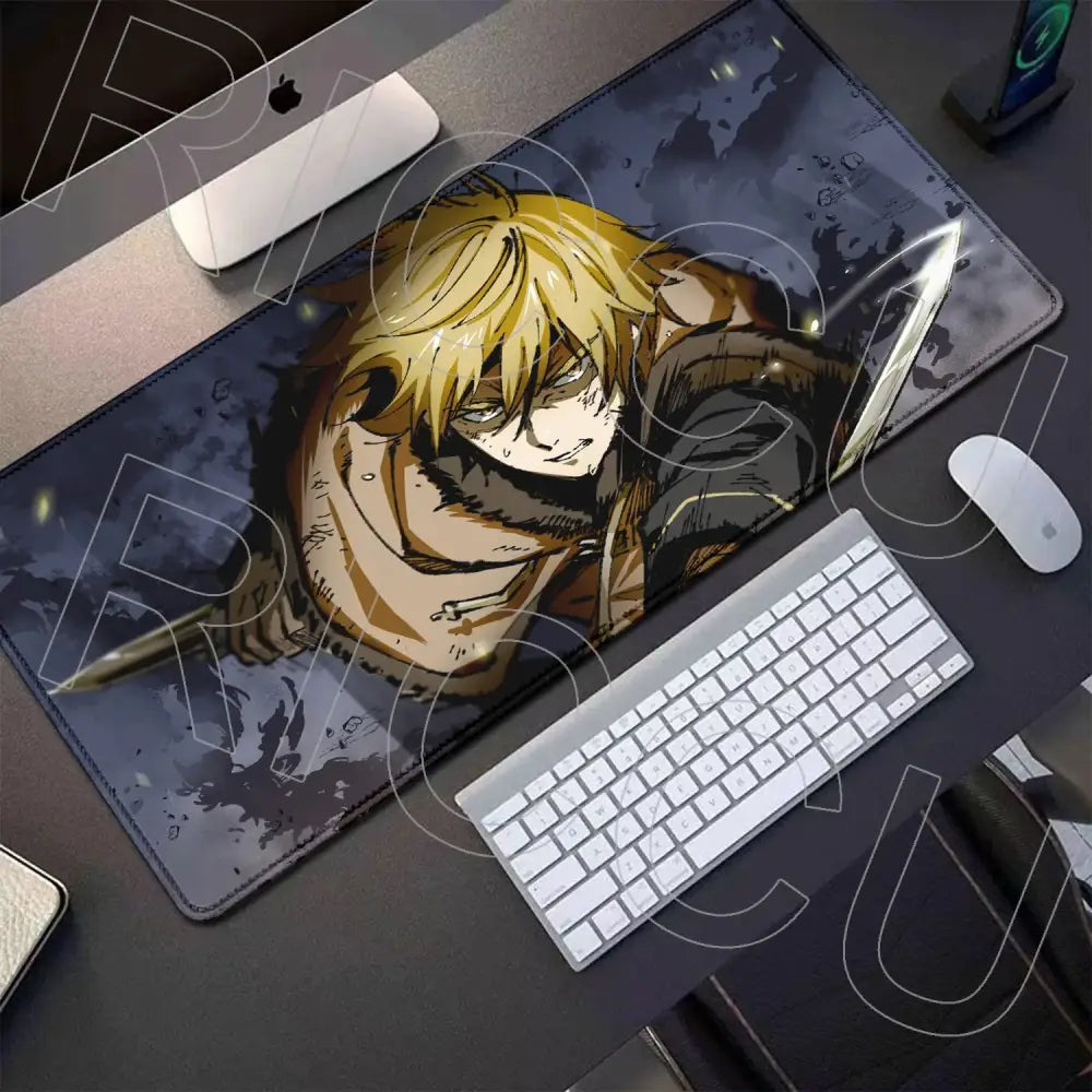 Dark blue and black vinland saga thorfinn gaming mouse pad with blonde character and sword on smooth surface 800x400mm