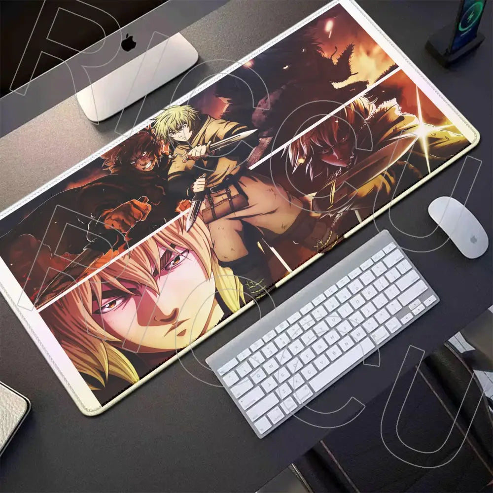 Rectangular glossy vinland saga thorfinn gaming mouse pad with vibrant anime characters and fiery backgrounds, 800x400mm
