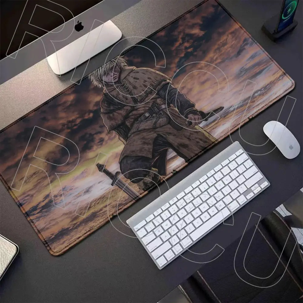 Vinland saga thorfinn gaming mouse pad 800x400mm brown leather-like with dark armored warrior illustration at sunset