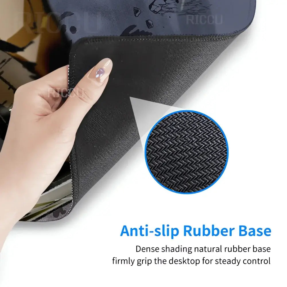 Black anti-slip rubber base with dense weave for secure desktop grip on vinland saga thorfinn gaming mouse pad back side