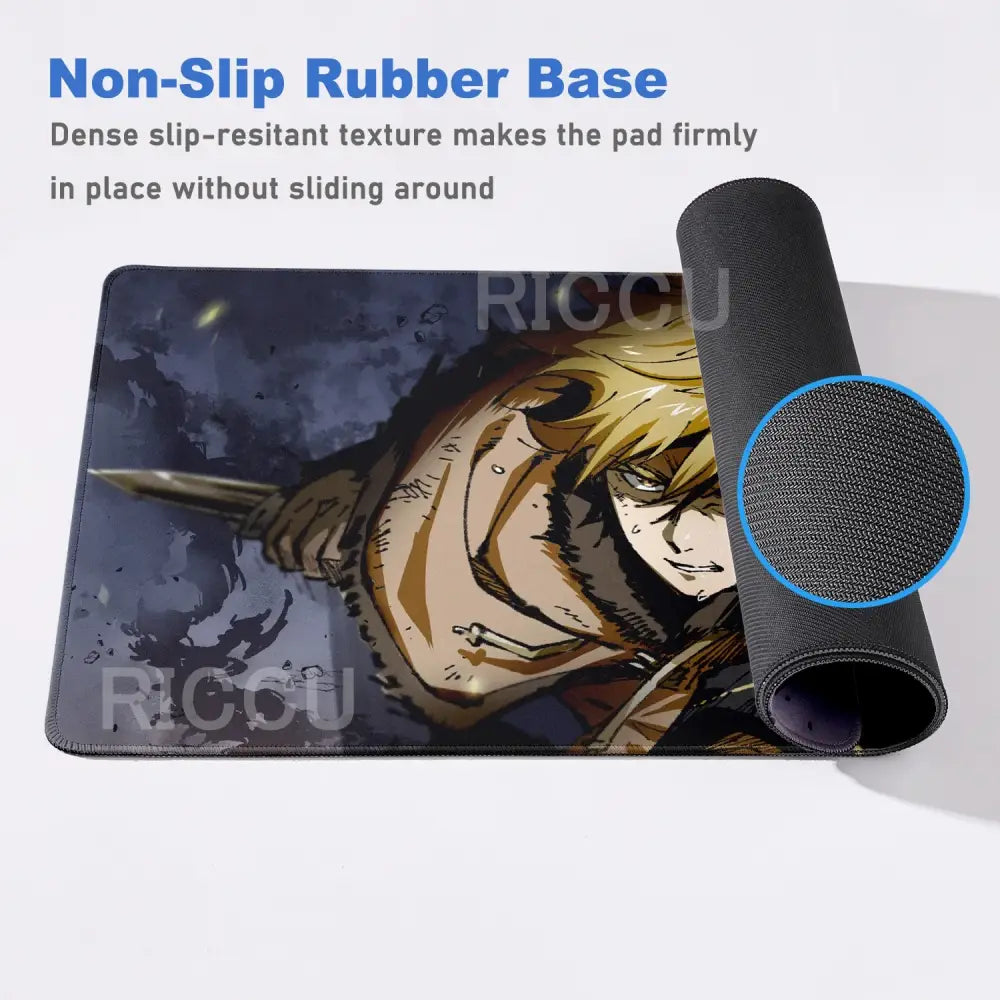 Black rubber vinland saga thorfinn gaming mouse pad with blonde anime character and sword on smooth surface 800x400mm