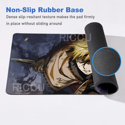 Black rubber vinland saga thorfinn gaming mouse pad with blonde anime character and sword on smooth surface 800x400mm