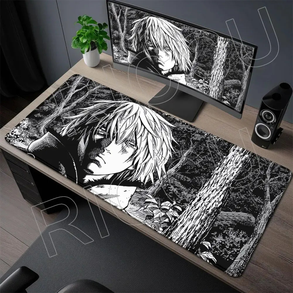 Vinland saga thorfinn black and white anime-themed gaming mouse pad with detailed spiky-haired character illustration
