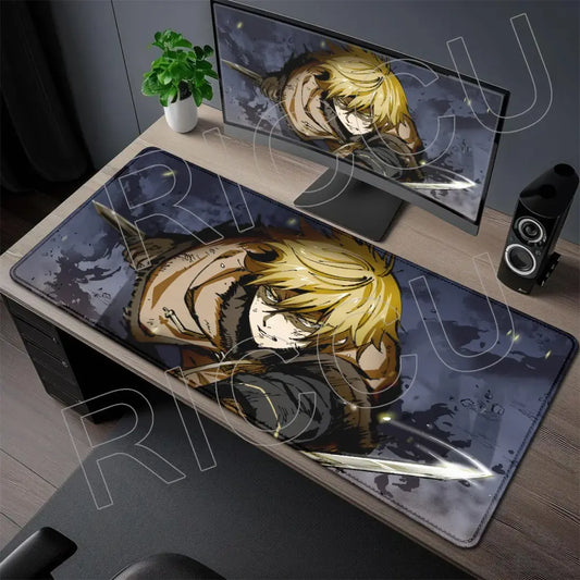Long rectangular vinland saga thorfinn gaming mouse pad with detailed blonde character sword on dark blue gray surface
