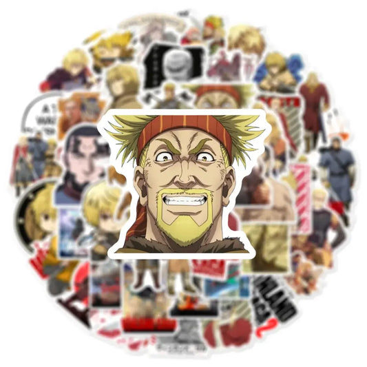A vibrant anime-style vinland saga thorfinn vinyl decal featuring spiky blonde hair and an orange headband