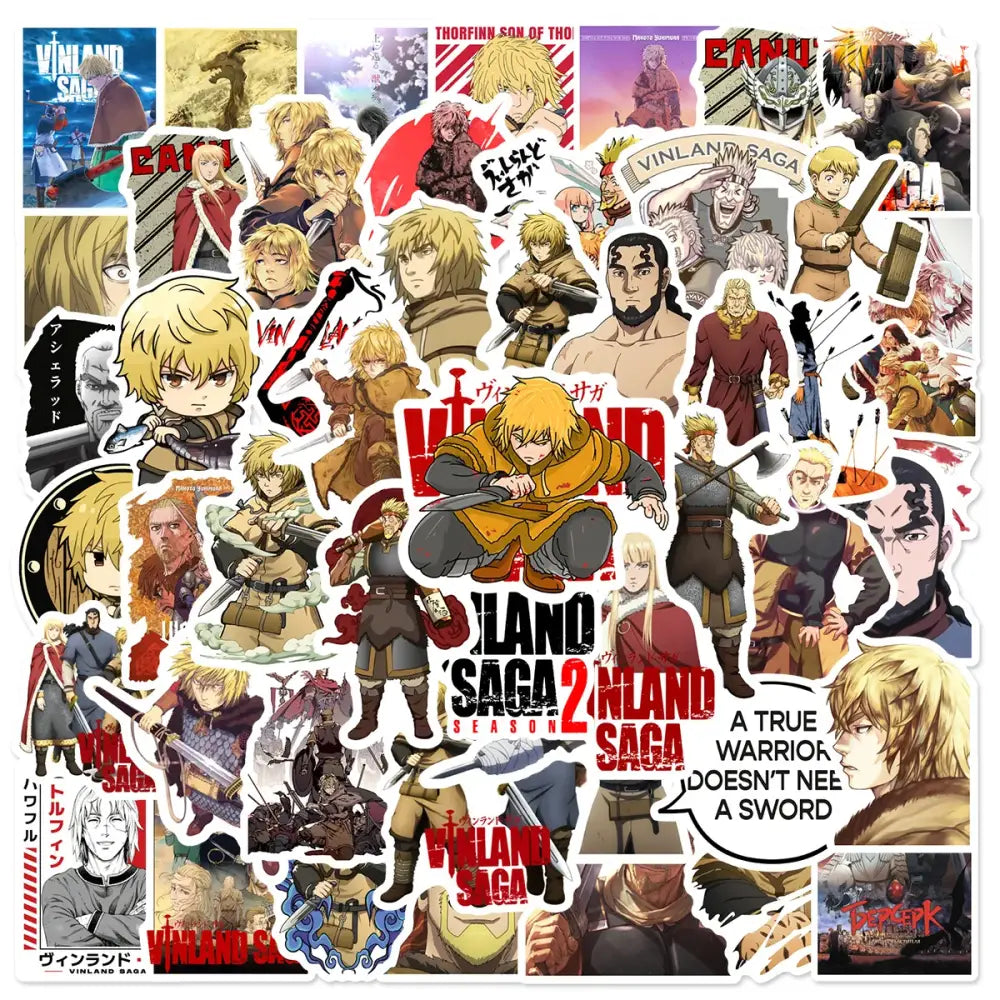 Vinland saga thorfinn graffiti stickers featuring vinyl decals with bold red black and yellow medieval armor and battle designs