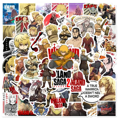 Vinland saga thorfinn graffiti stickers featuring vinyl decals with bold red black and yellow medieval armor and battle designs