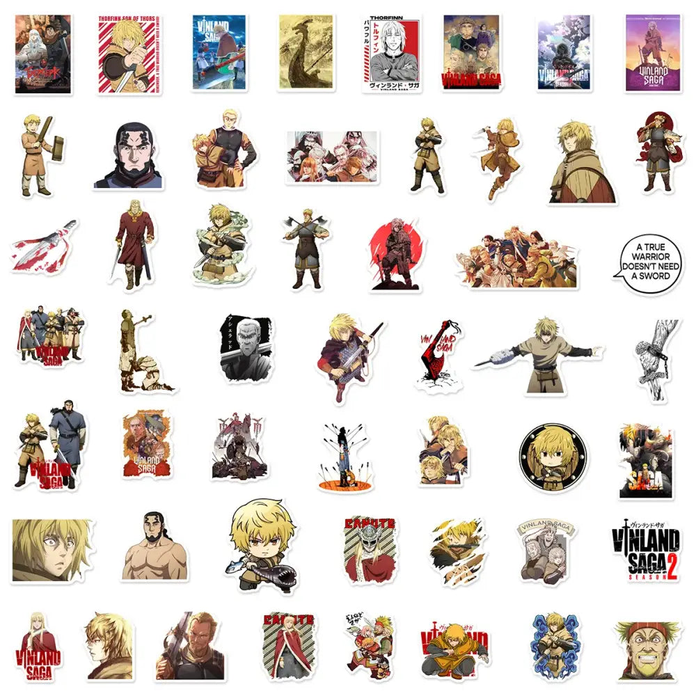 Vinland saga thorfinn vinyl decals featuring vibrant red gold black and white anime character stickers in various poses