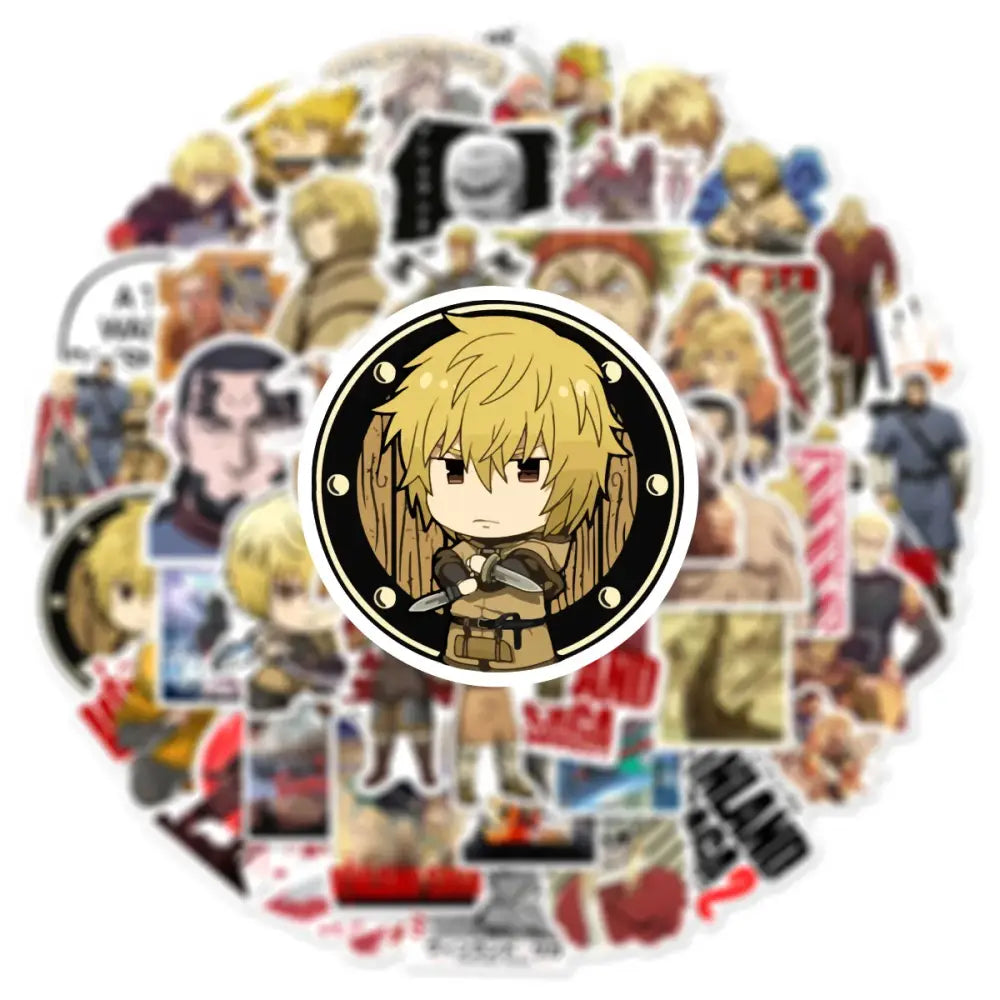 Circular vinyl decal featuring chibi-style vinland saga thorfinn in brown armor with two swords on black background