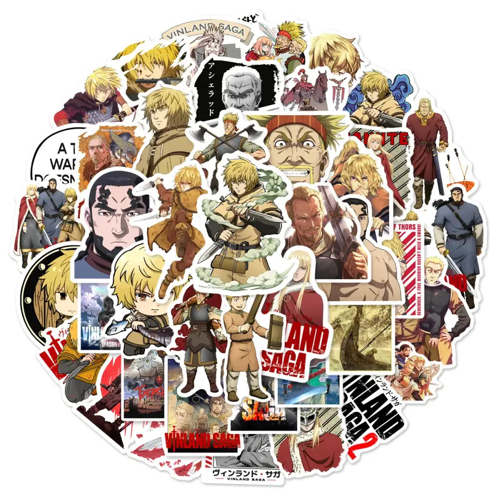 A collection of colorful glossy vinyl decals featuring vinland saga thorfinn characters and scenes with bold outlines