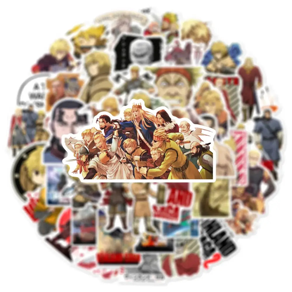 A collection of colorful vinland saga thorfinn anime-style vinyl decals featuring dynamic characters in detailed costumes