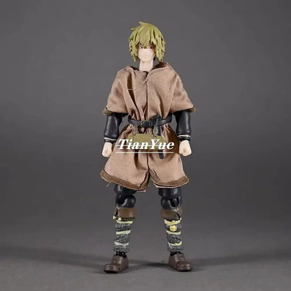 Vinland saga thorfinn karlsefni action figure with spiky blonde hair wearing brown hooded tunic and black armor pvc 15cm
