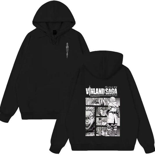 Black vinland saga thorfinn oversized hoodie with white manga character panels and japanese text on the back and chest
